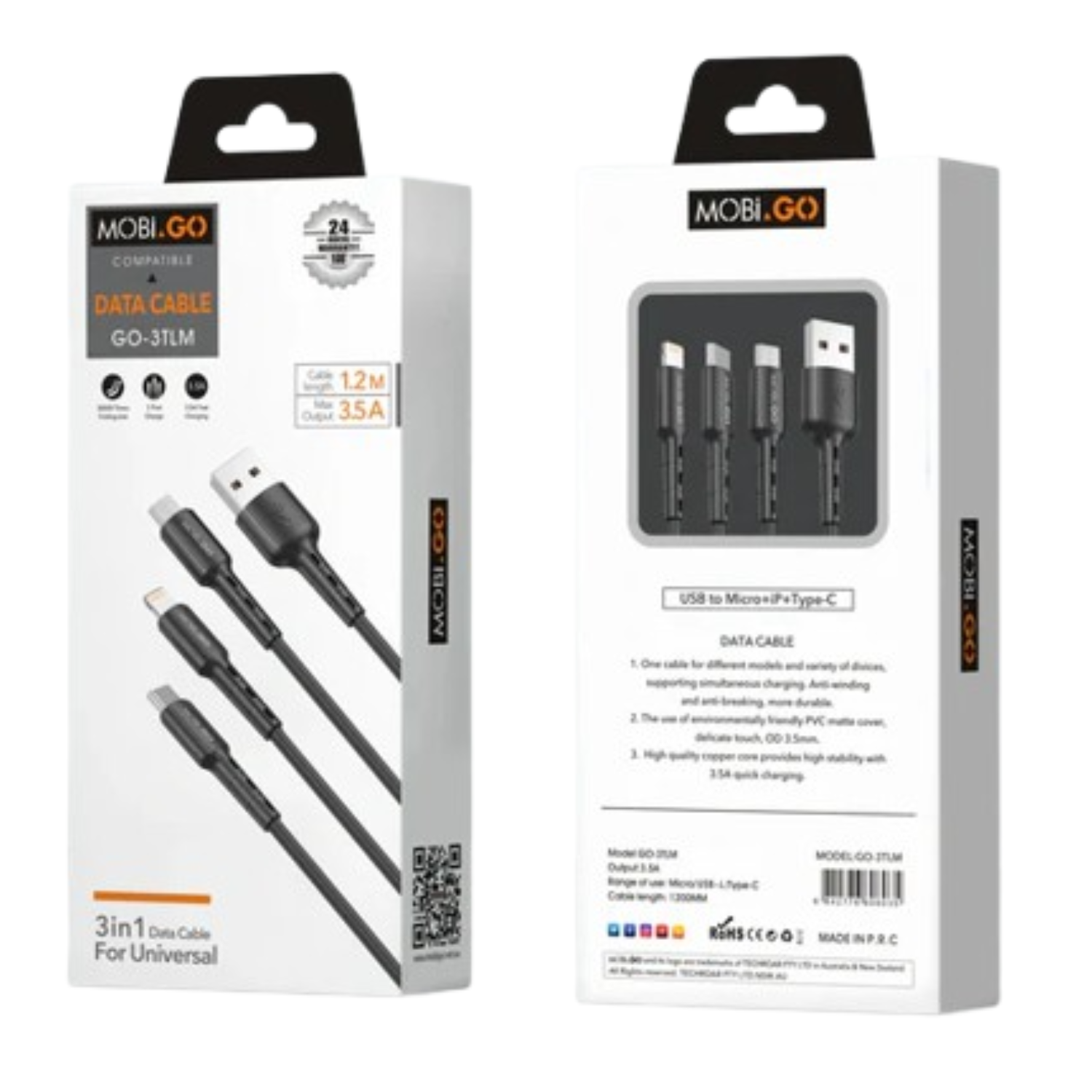 9eight5 Mobigo 1.2m 3-in-1 cable accessories with multiple connectors for versatile device charging and data transfer.