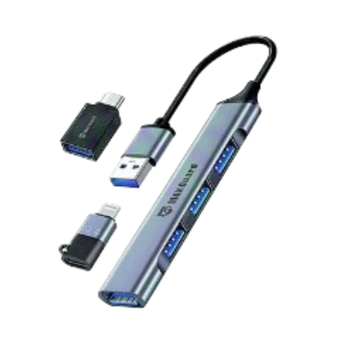 9eight5 Maxguard 4-in-1 multifunctional electronics adapter with multiple ports and USB connections on a white background.