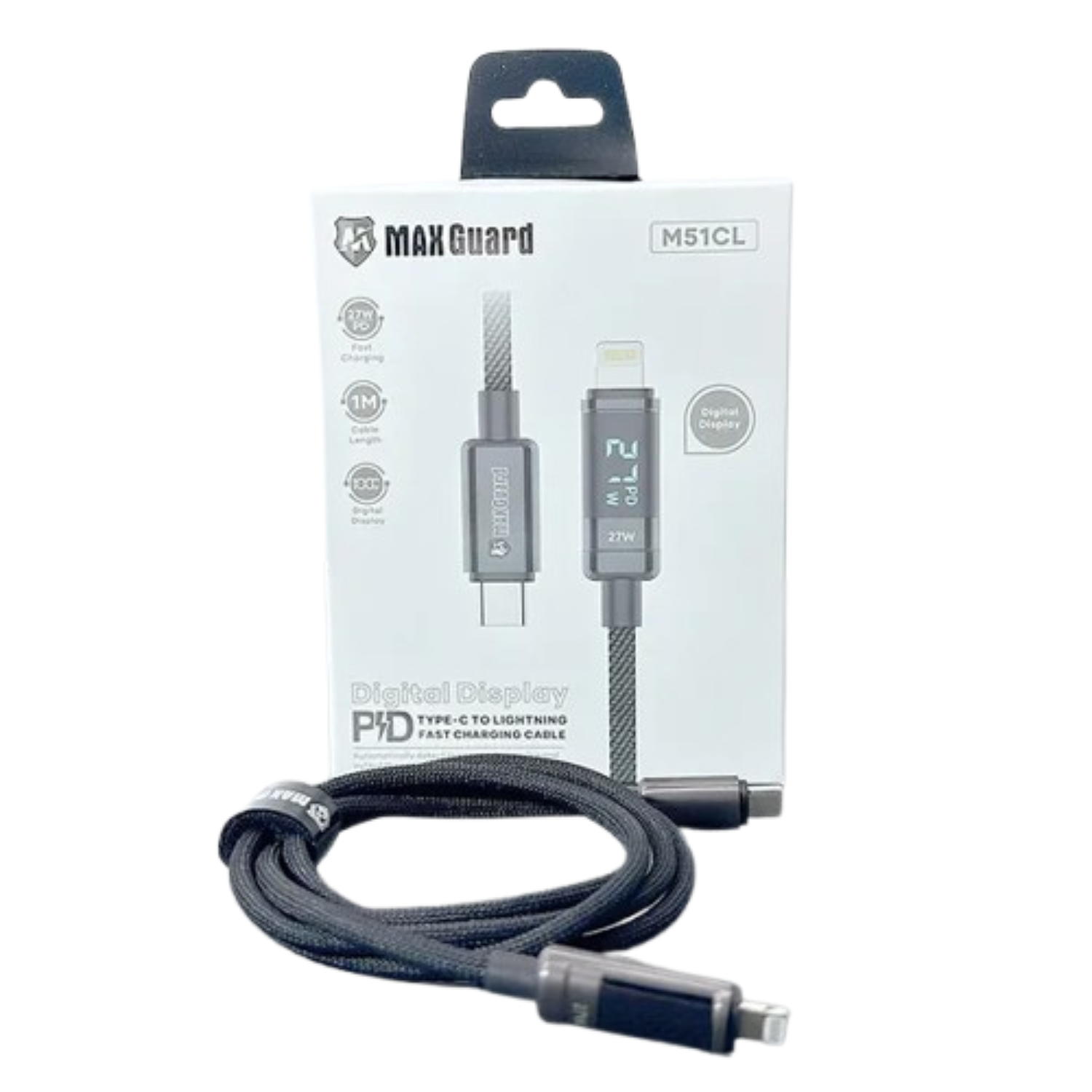 9eight5 Maxguard 1m 27W Type-C to Lightning cable showing USB-C and Lightning connectors for Apple devices.