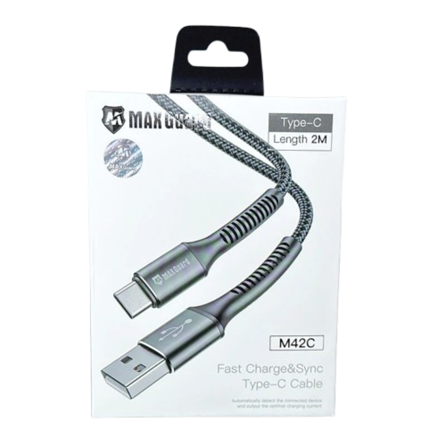 Maxguard 2m USB A to Type-C cable by 9eight5, showing the black cable with USB connectors on each end.