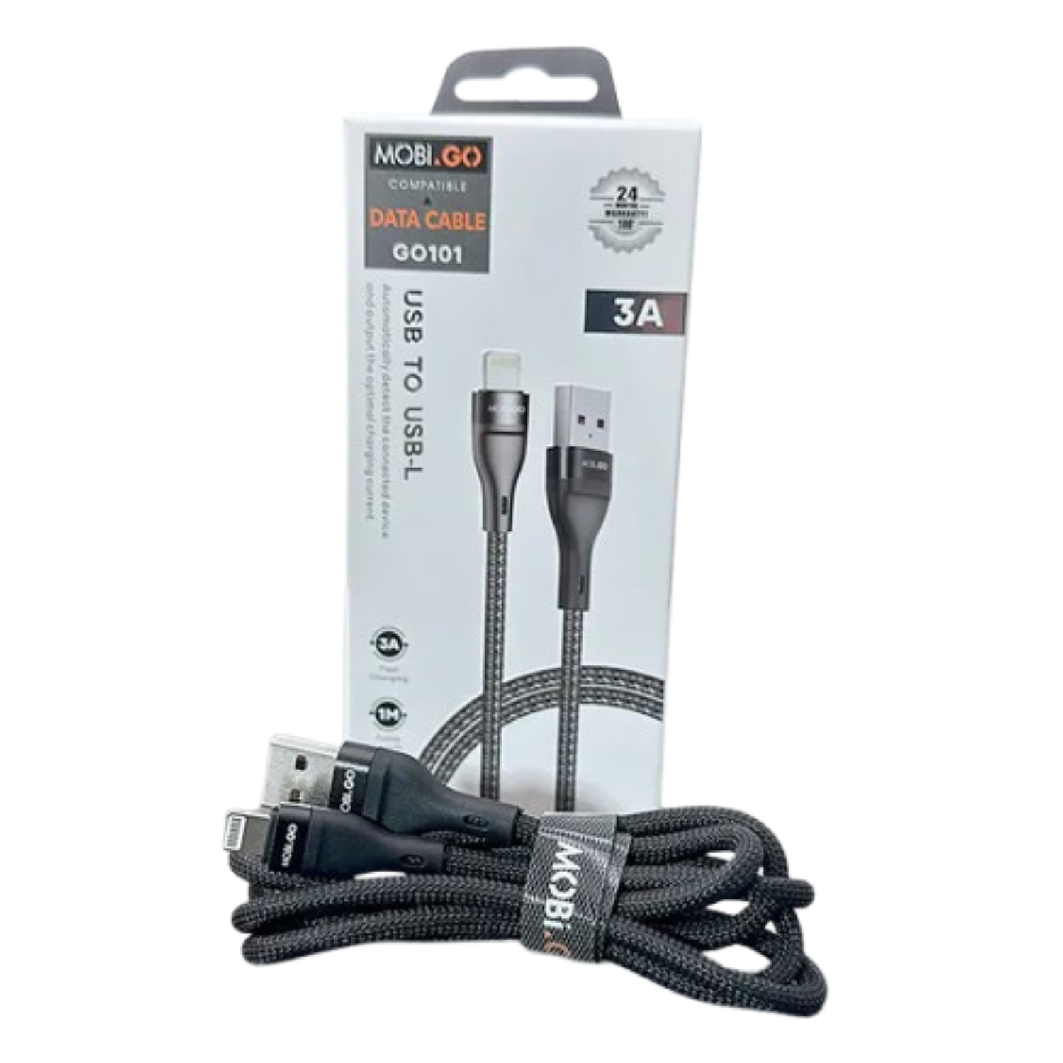 9eight5 Mobigo 1m USB-A to Lightning cable accessory, with a close-up of the black cable and connectors for Apple devices.