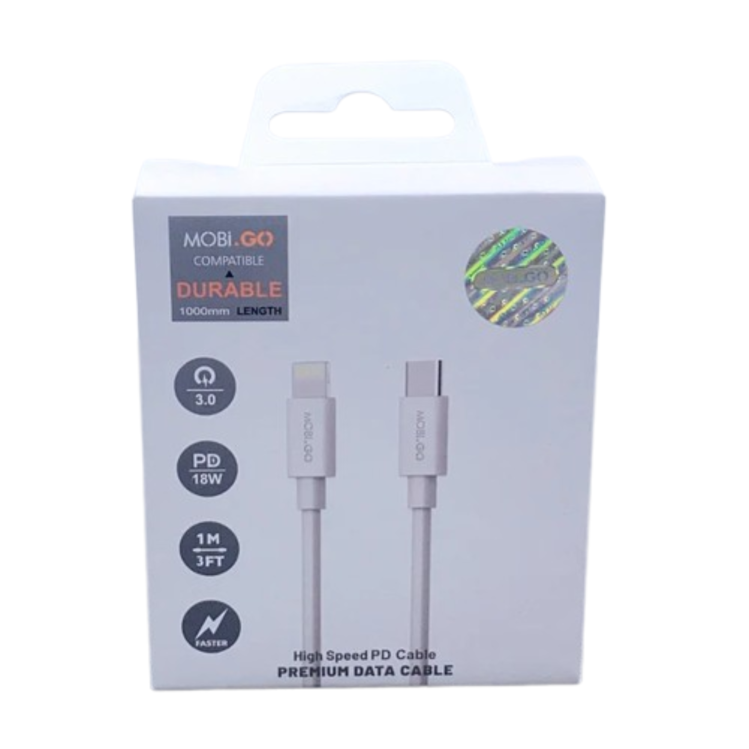 9eight5 Mobigo 1m PD 20W Type-C to Lightning cable for iPhone and Apple devices, showing the black cable and connectors.