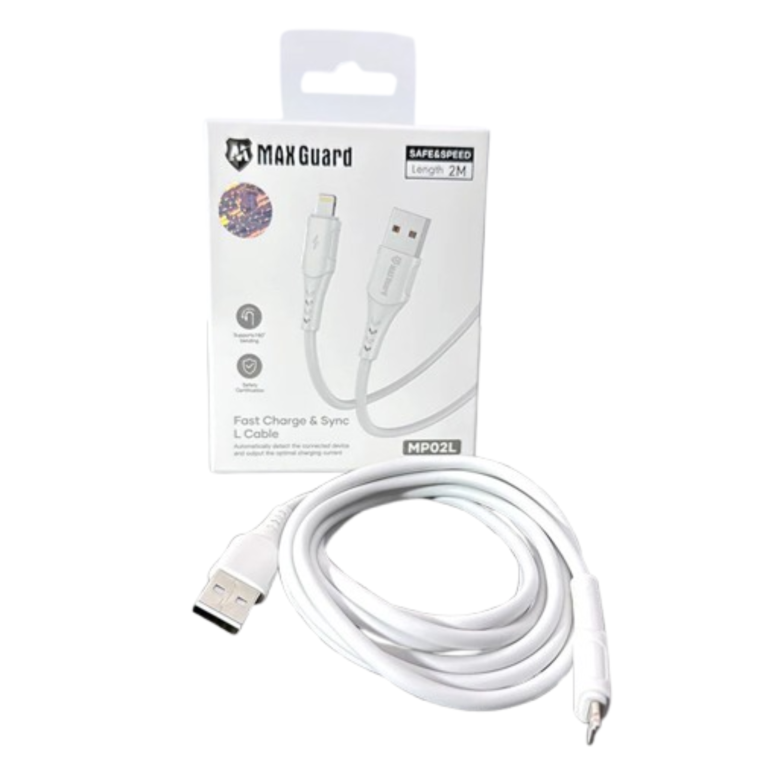 9eight5 Maxguard 2m USB-A to Lightning Cable accessory, showing the black cable with USB and Lightning connectors.