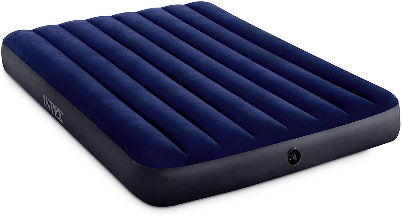 Inflatable mattress by Intex, classic Downy model, measuring 183x203x25cm, featuring a smooth surface and built-in valve.
