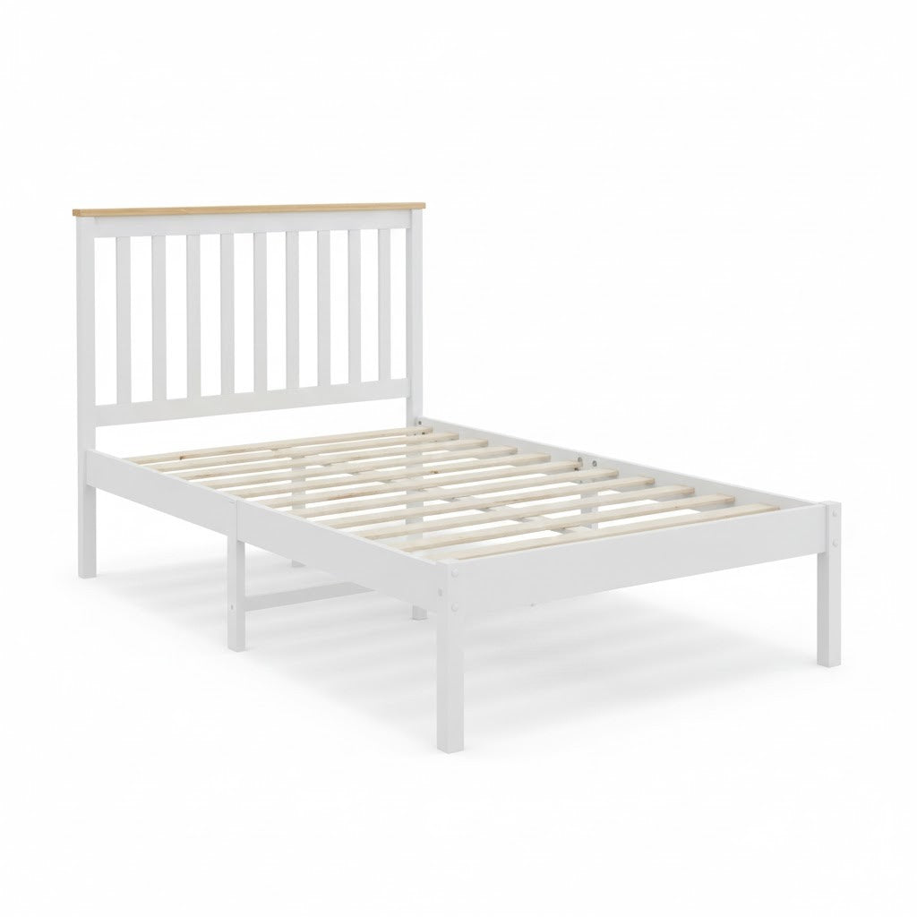 Solid pine double bed frame from Sue-E Furniture with a simple, sturdy design and natural wood finish.