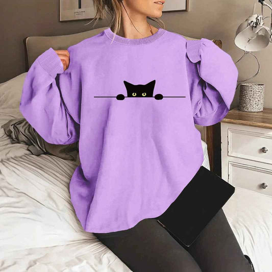 Cat Print Round Neck Sweatshirt