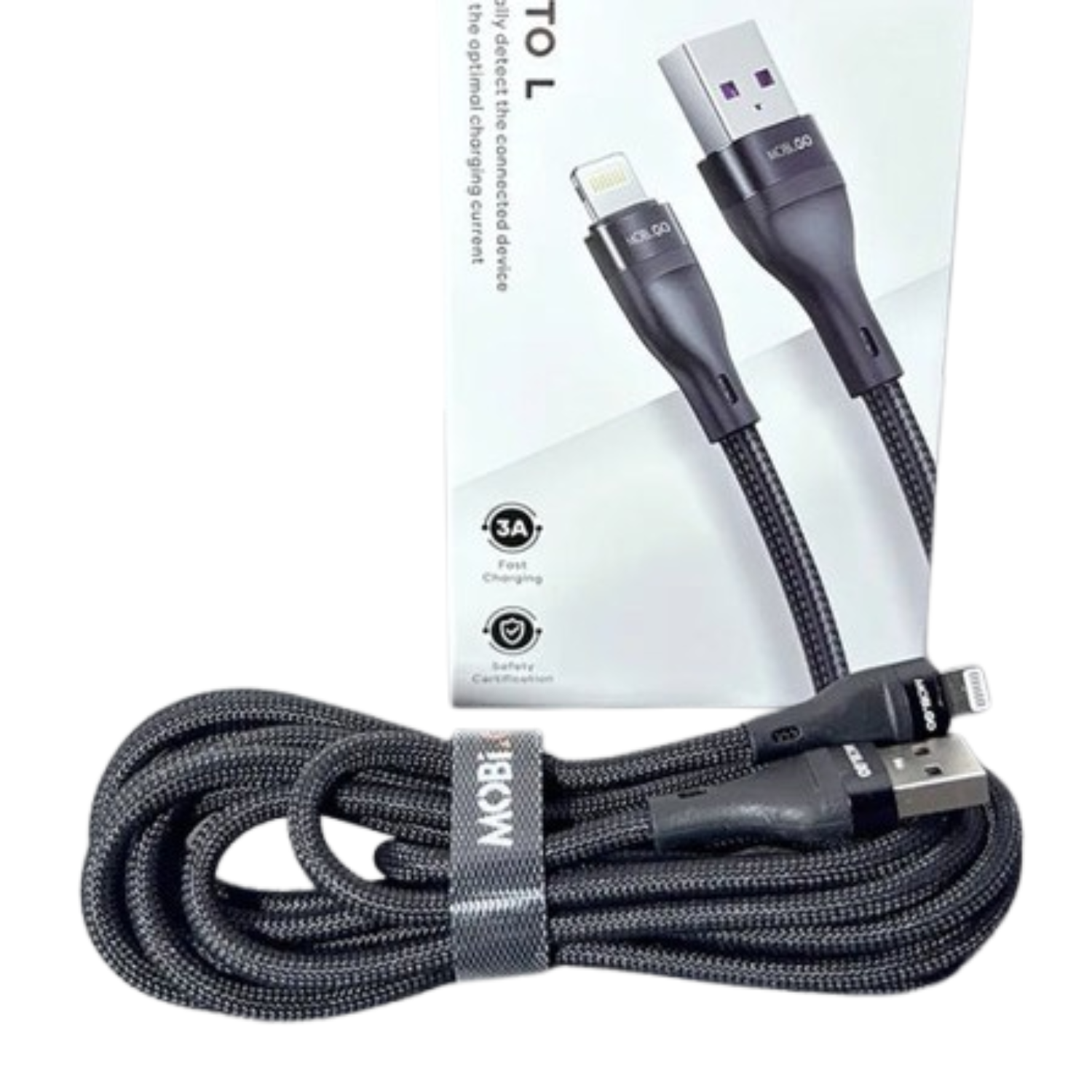 9eight5 Mobigo 3m USB-A to Lightning cable accessory showing the black cable with connectors on both ends.
