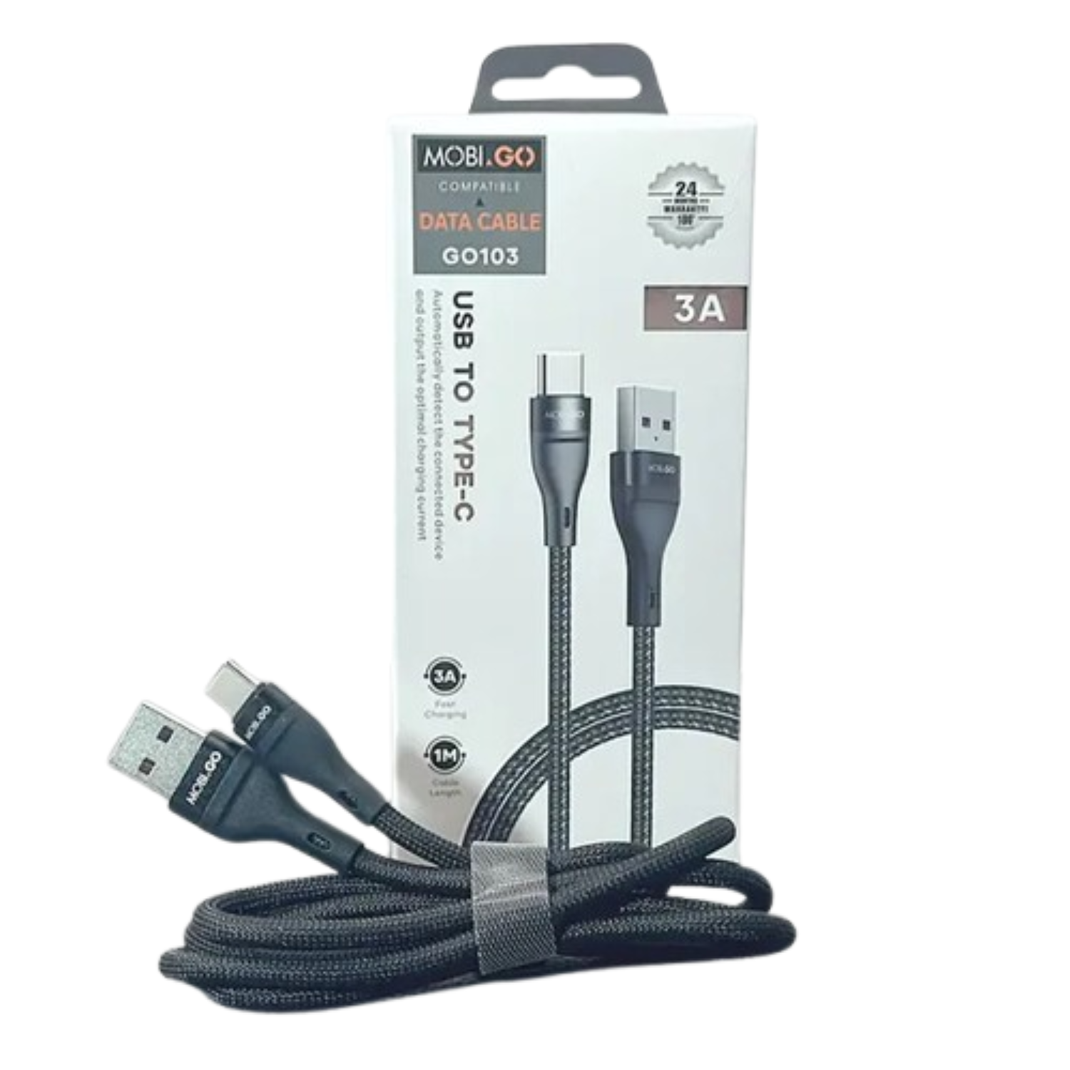 9eight5 Mobigo 1m USB-A to USB-C cable accessory, black with flexible braided design for charging and data transfer.