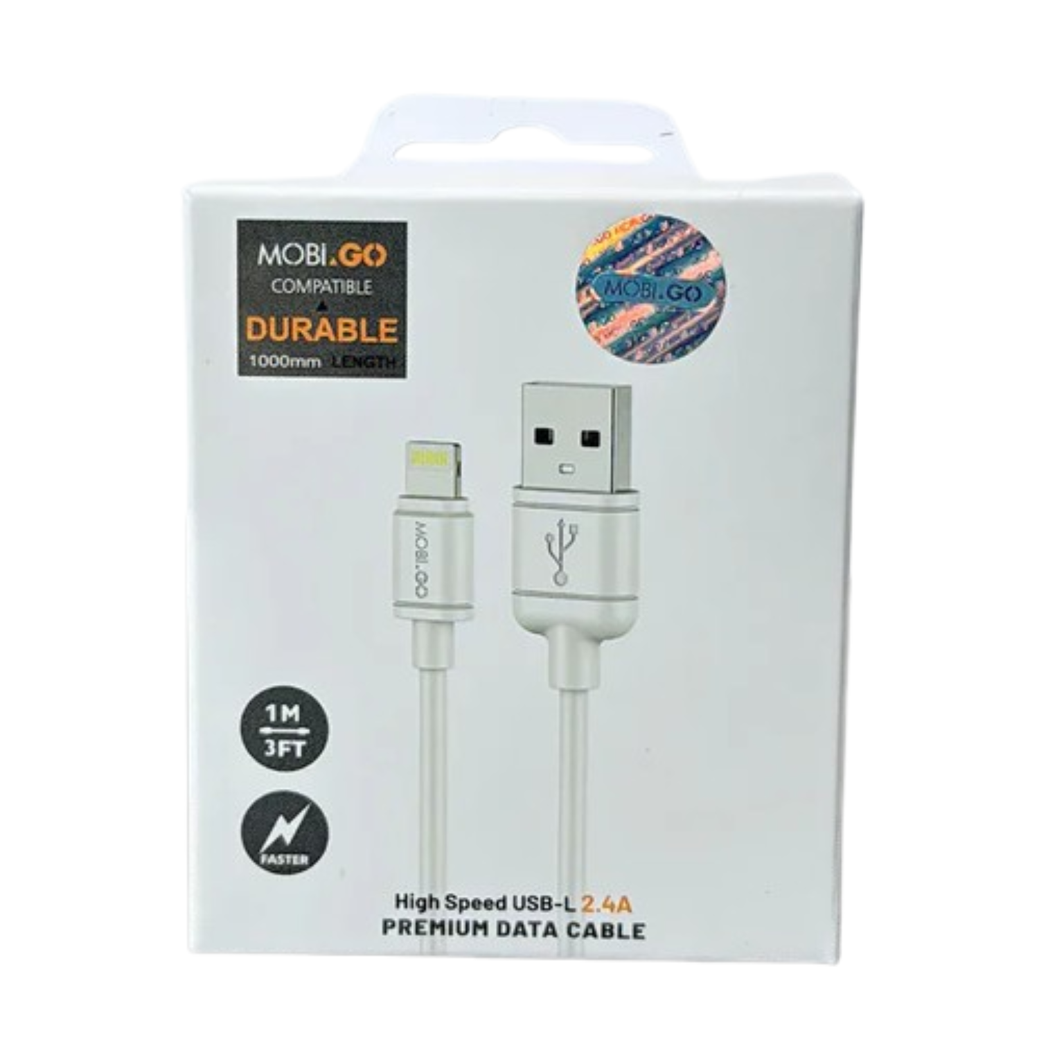 9eight5 Mobigo 1m USB-A to Lightning cable accessory showing a black cable with USB-A and Lightning connectors.