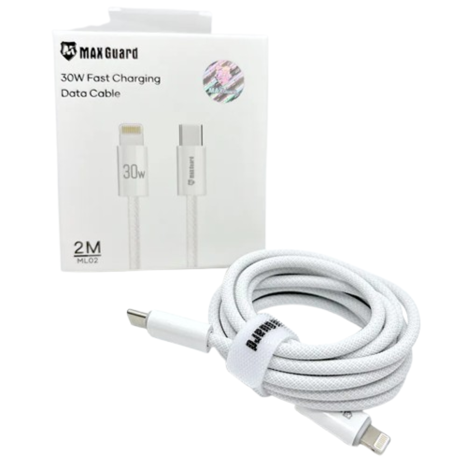 9eight5 Maxguard 2m 30W Type-C to Lightning cable showing the black cable with connectors for fast charging and data transfer