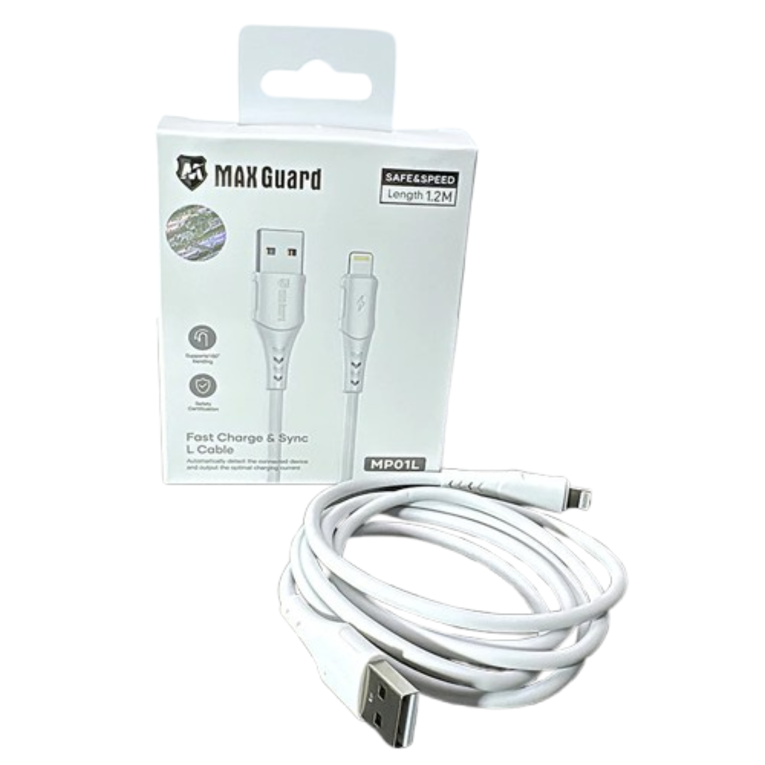Maxguard 1.2m USB-A to Lightning cable by 9eight5, showing the black cable with USB and Lightning connectors.