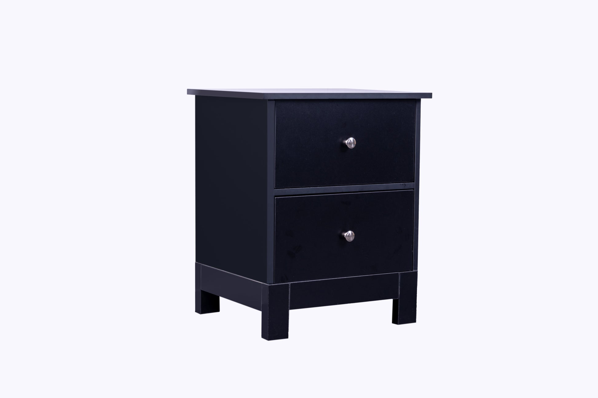 Black 'Pamela' bedside table by sue-e furniture with a sleek modern design and a single drawer for bedroom storage.
