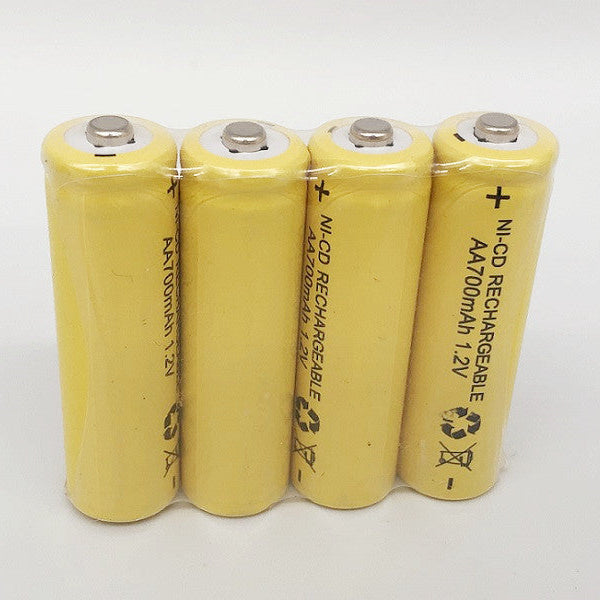 Set of four dealonlinenz 1.2V AA rechargeable Ni-Cd batteries with 700mAh capacity, shown in a close-up image.