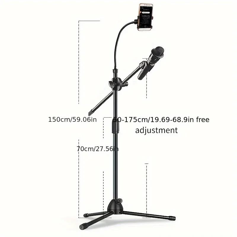 Height-adjustable dealonlinenz microphone stand with phone clip, gear design, gooseneck tube for flexible positioning.