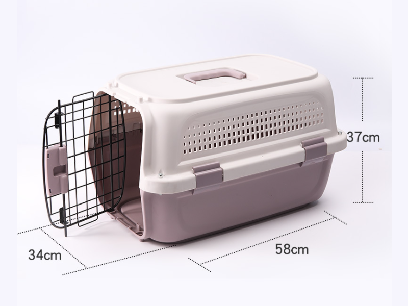 Purple 58cm airline travel cage for dogs and cats by dealonline.co.nz, featuring secure mesh sides and handle for easy transport.