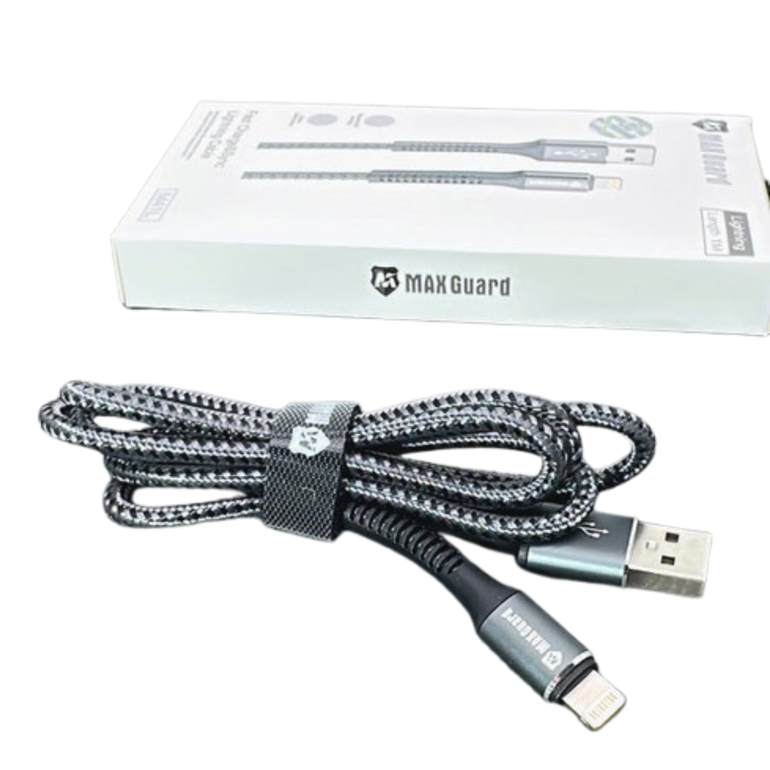 9eight5 Maxguard 1m USB-A to Lightning cable accessory, showing the black cable with USB-A and Lightning connectors.