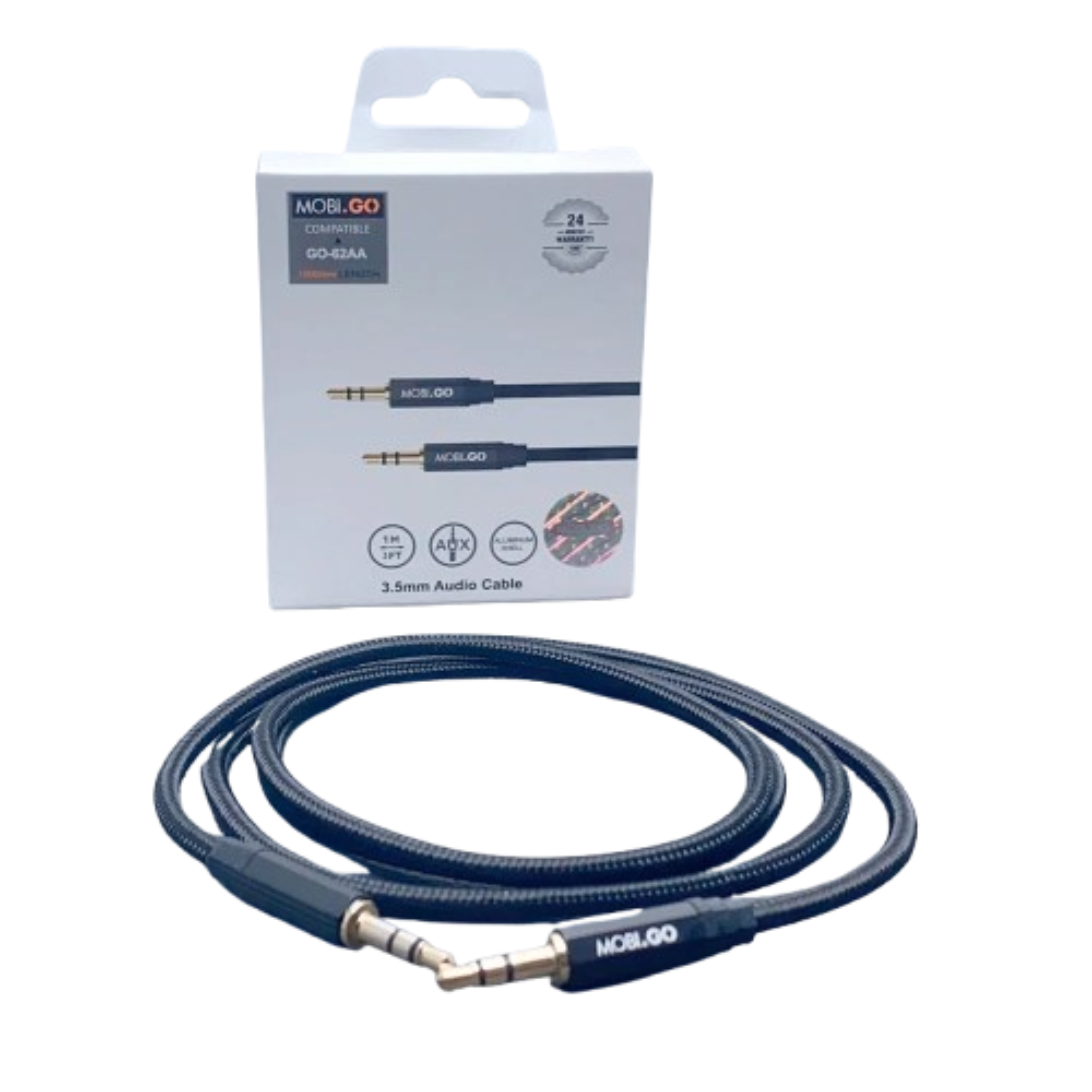 9eight5 Mobigo 1m 3.5mm audio cable accessory, showing a black cable with 3.5mm connectors for audio devices.