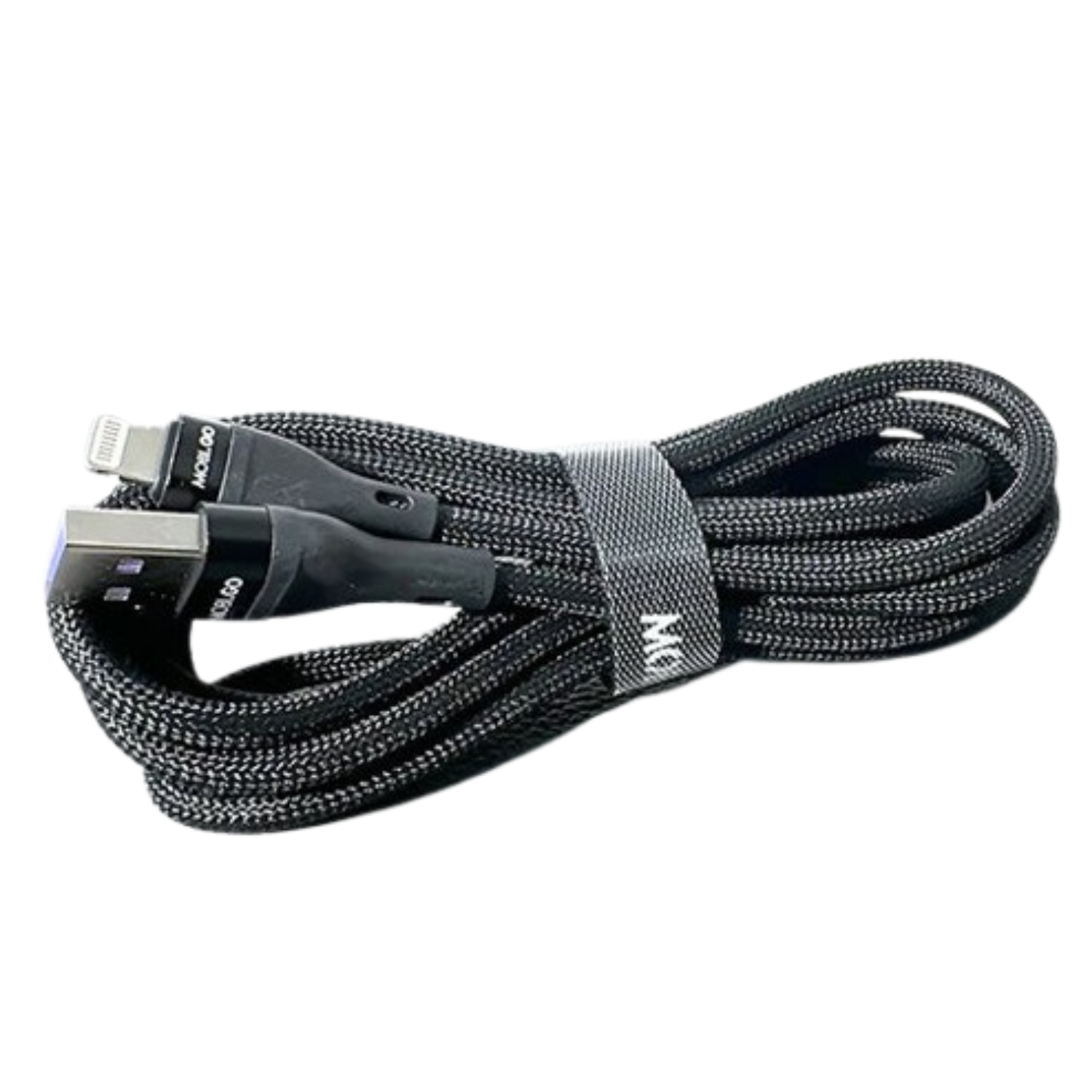 9eight5 Mobigo 2m USB-A to Lightning cable accessory, showing the white cable with USB and Lightning connectors.