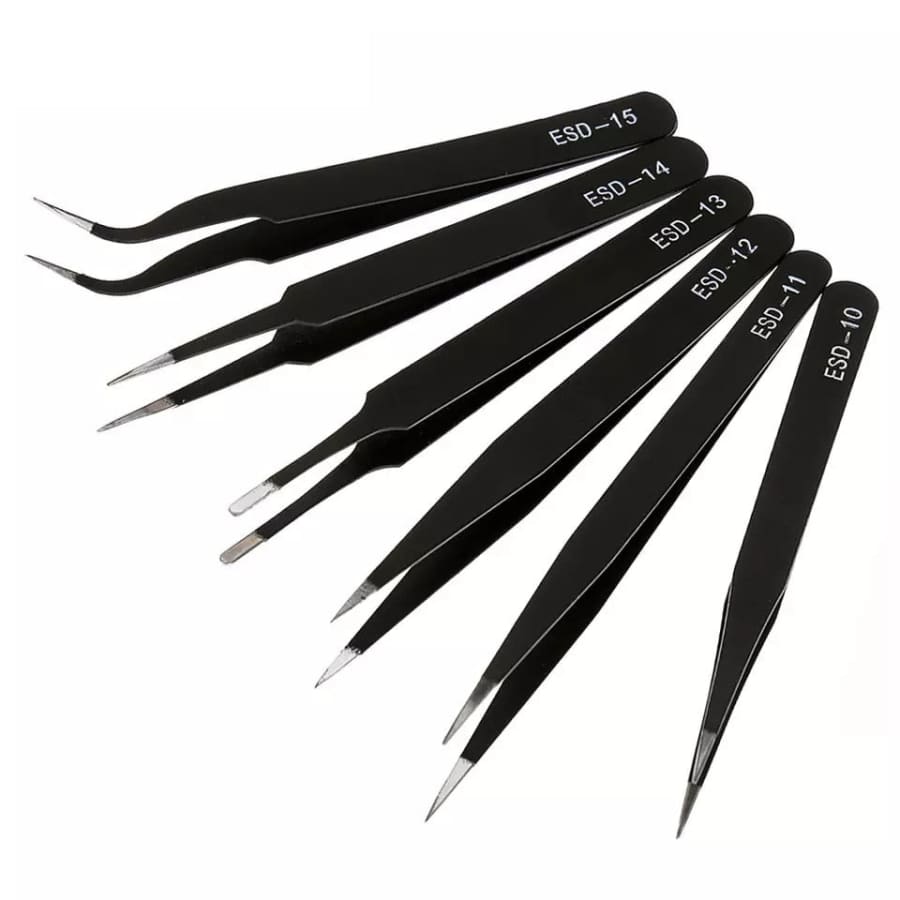 Six-piece stainless steel watch tool tweezers set with anti-static tips, ideal for precise watch repair and handling small components.