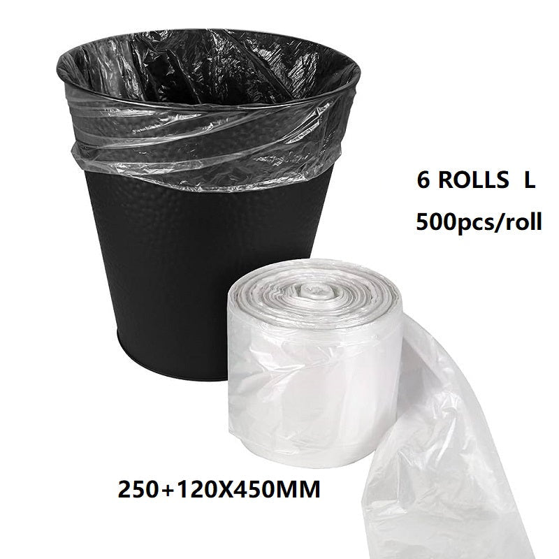Clear trash bags from dealonline.co.nz, 6 rolls of 250+120x450mm rubbish bags, 500 pcs per roll for waste disposal.