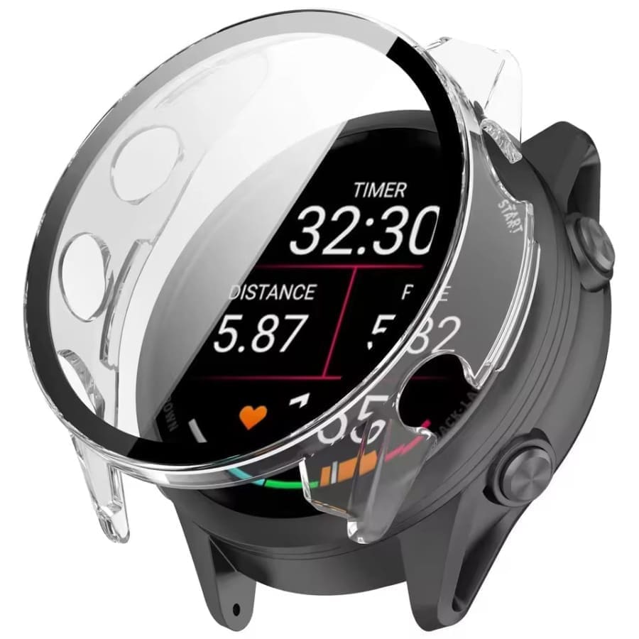 Clear protective watch case for Garmin Forerunner 570 42mm, designed by That Watch Shop, shown on the watch face.