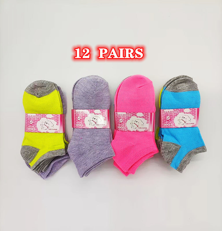Set of 12 colorful kids' ankle socks in bright candy colors, featuring fun patterns, perfect for children aged 4 to 6.