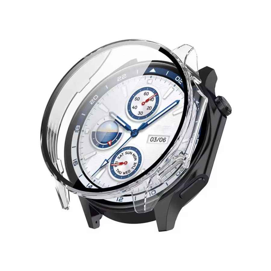 Clear protective case for OnePlus Watch 2, made by That Watch Shop, showcasing a transparent, snug-fit watch cover.
