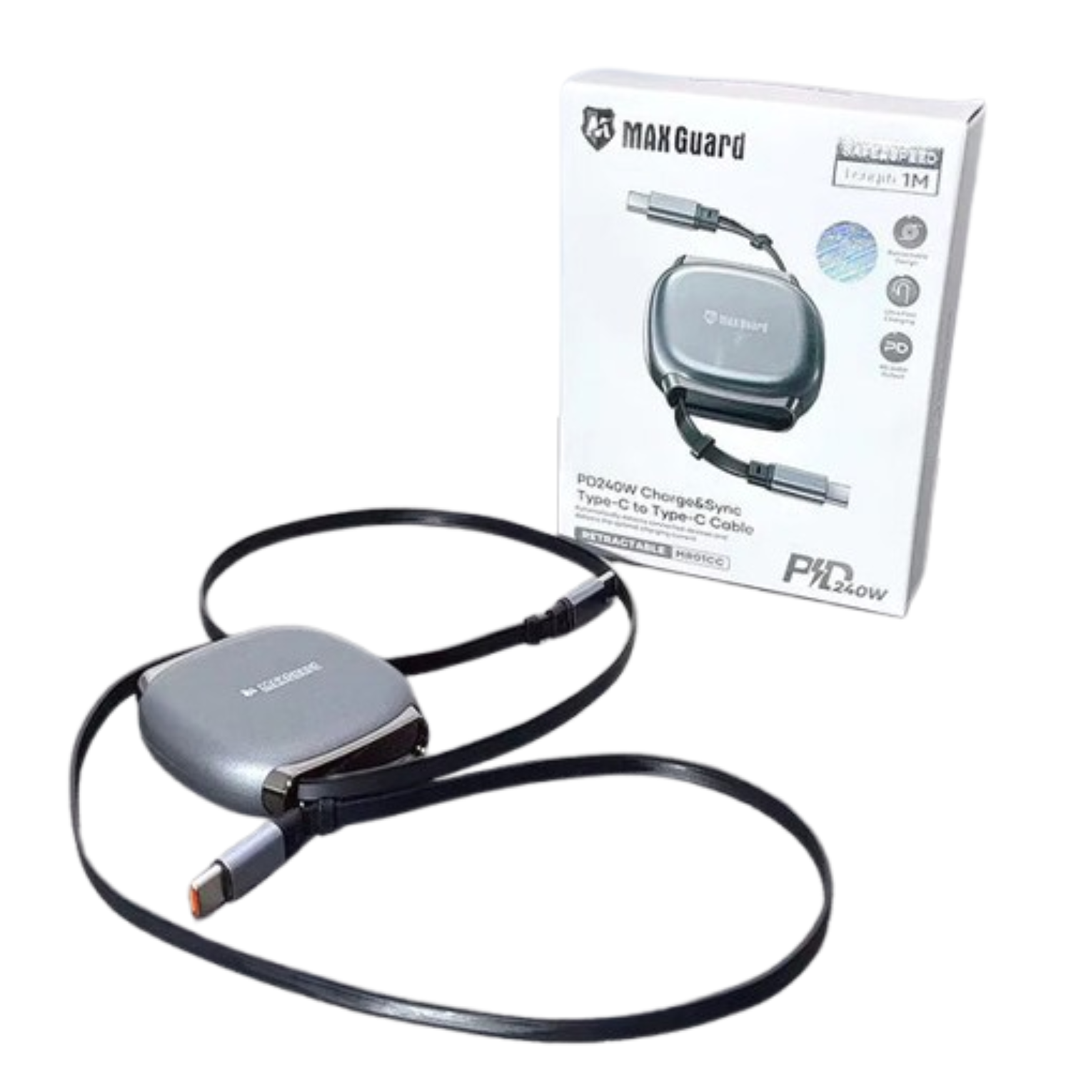 9eight5 Maxguard 1m 240W Type-C to C cable showing USB-C connectors for fast charging and data transfer.