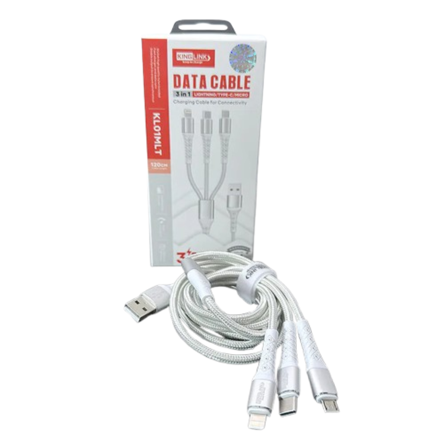 Kinglink 1.2m 3-in-1 cable by 9eight5 showing multiple connectors for versatile device charging and data transfer.