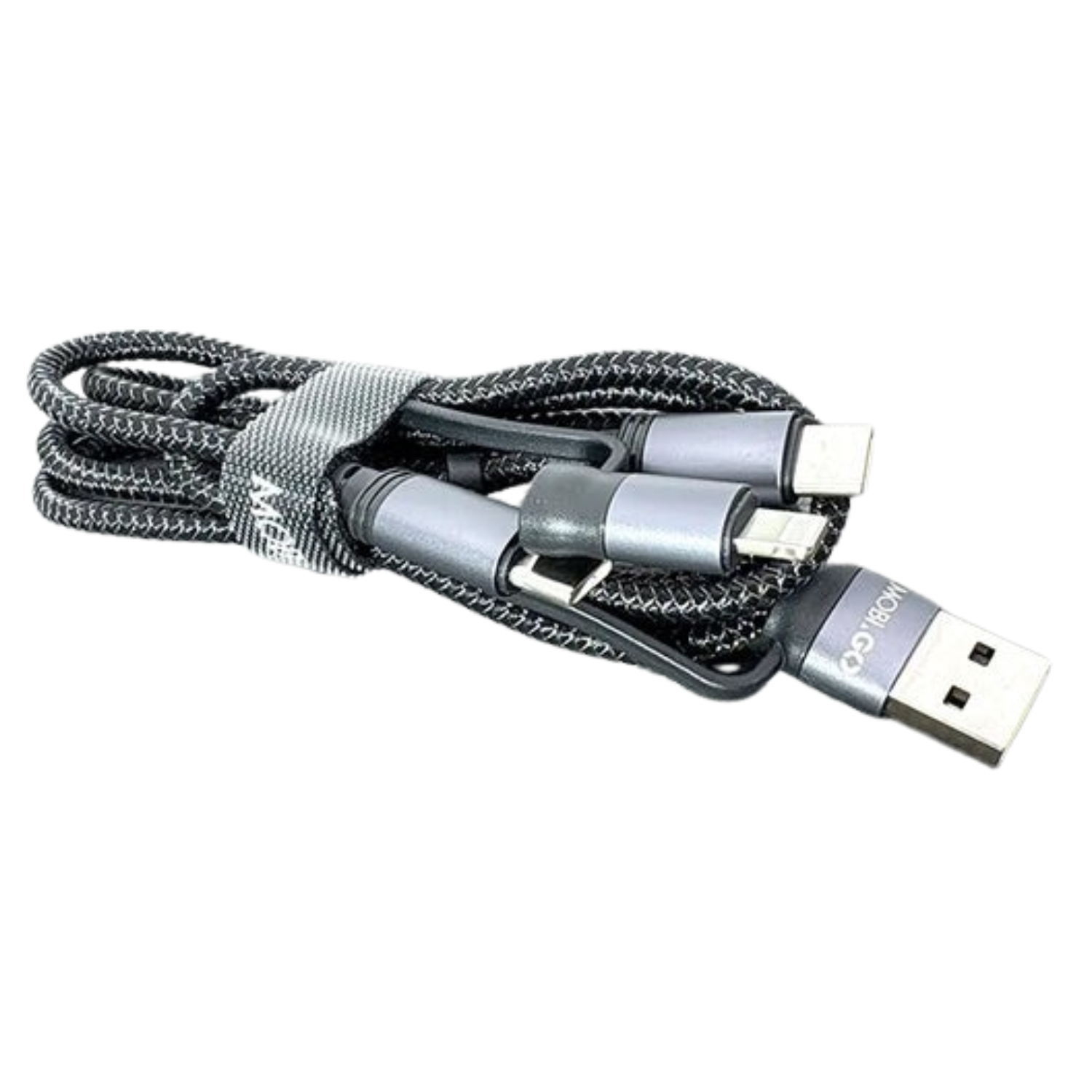 9eight5 Mobigo 1m 60W 4-in-1 charging cable with multiple connectors, USB Type-C, Lightning, Micro USB for versatile device charging