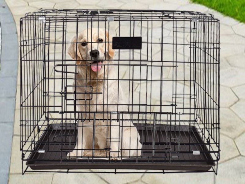 Black 70x50x60cm collapsible metal pet cage by dealonline.co.nz, featuring a sturdy design for small pets.