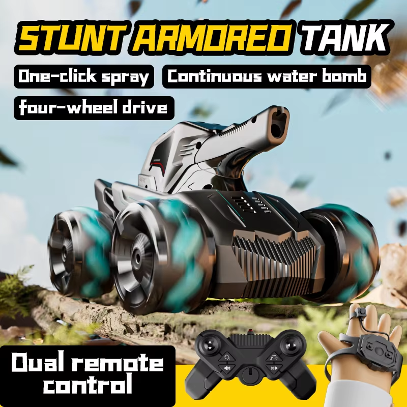 RC Car 4WD stunt tank with water bomb spray, 2.4G wireless gesture sensing remote, detailed plastic body in the image