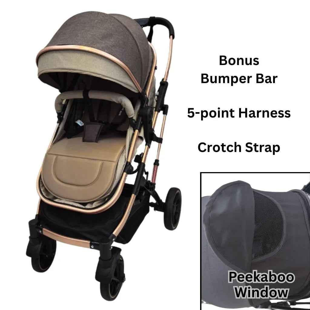 Gold Series 3 in 1 Travel System - Stroller + Bassinet + Capsule with Food Tray - Beige/Gold