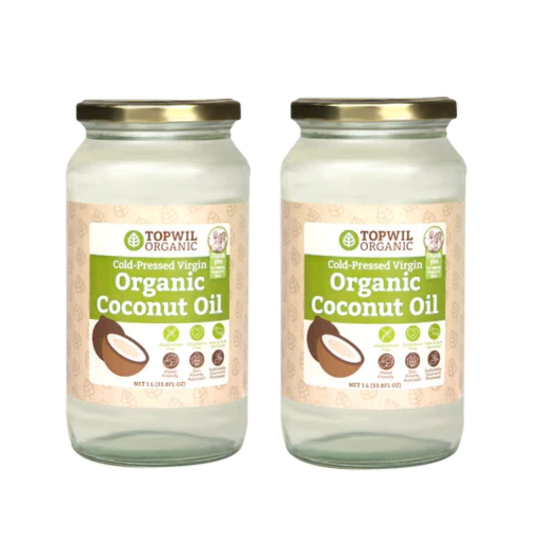 Two 1-liter jars of cold pressed organic virgin coconut oil from livelifestore.co.nz, showing clear, white coconut oil in glass jars.