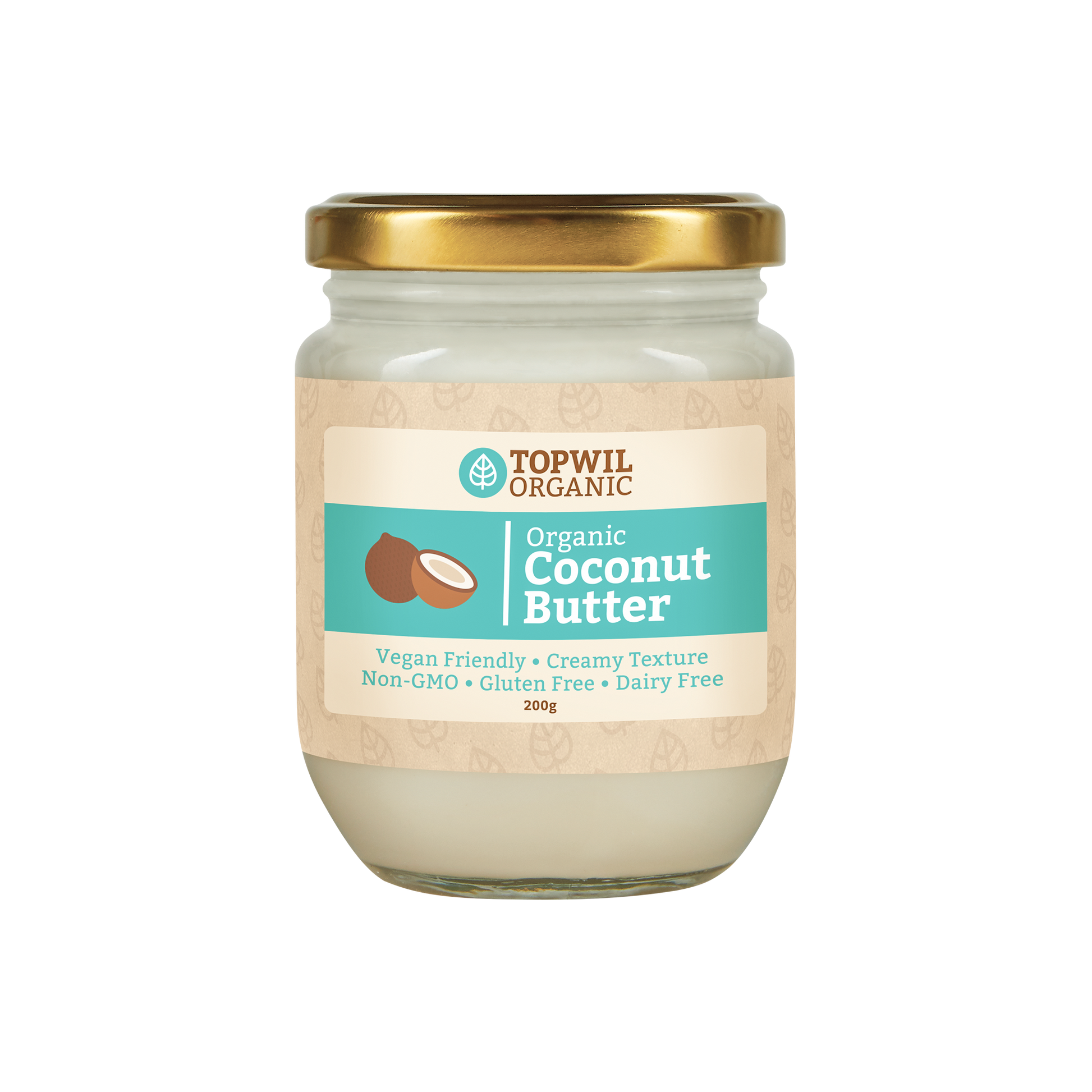 Organic coconut butter from Topwil in a 300g jar, smooth and creamy condiment, ideal for cooking and baking.