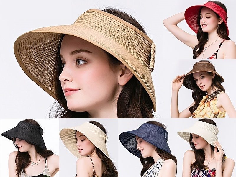 Brown foldable straw sun visor hat for kids with wide brim, perfect for summer beach outings, by dealonline.co.nz.