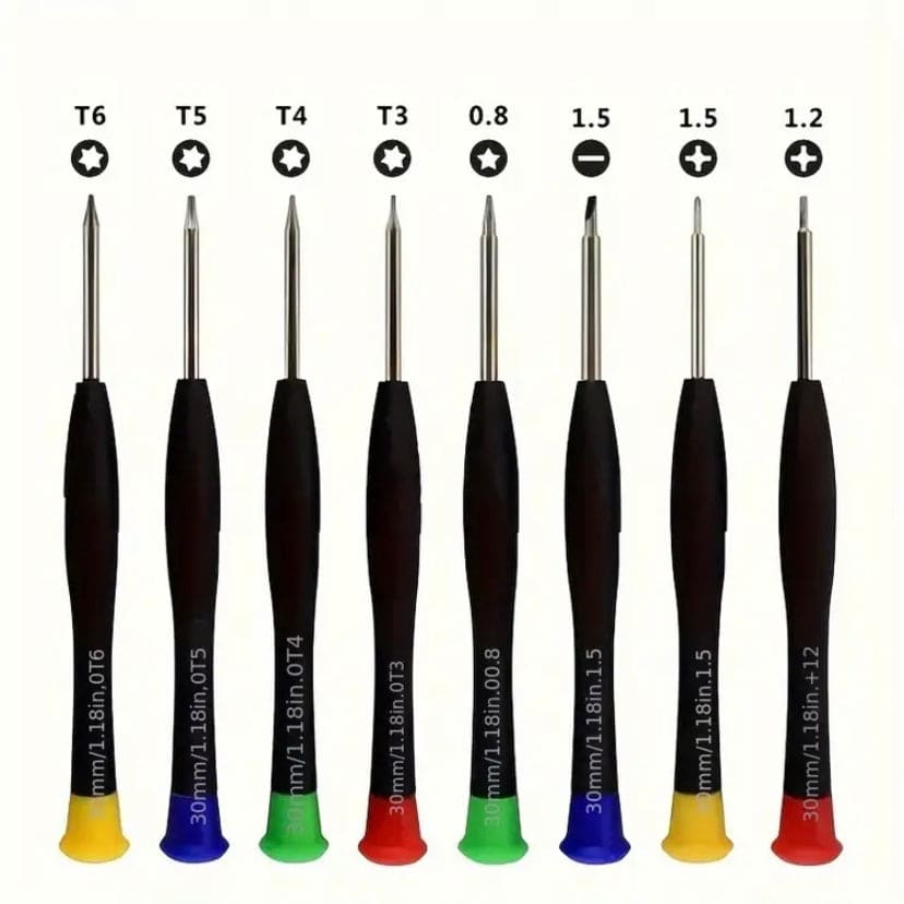 Set of 8 precision watch screwdriver tools with ergonomic handles, ideal for watch repair and detailed jewelry work.
