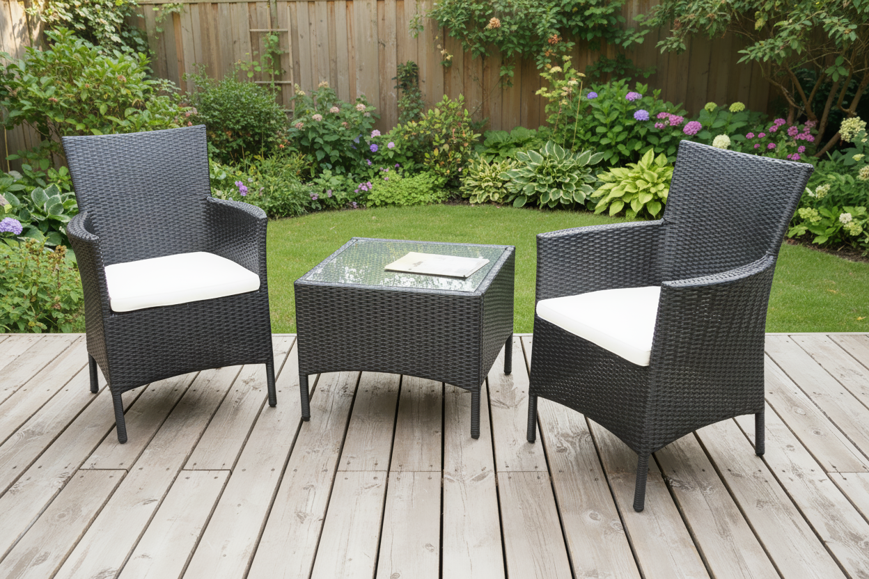 Black 3-piece patio furniture set with PE/PVC rattan chairs and side table from dealonlinenz, perfect for outdoor relaxing.