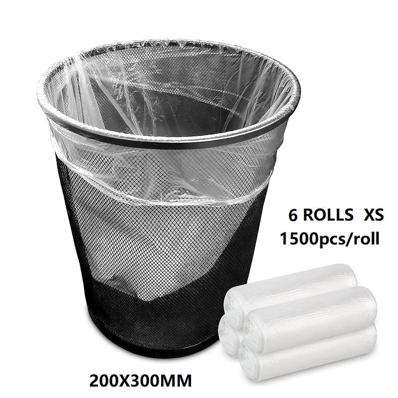 Clear trash bag rolls by dealonline.co.nz, 200x300mm X-small size, 1500pcs per roll, ideal for rubbish disposal.