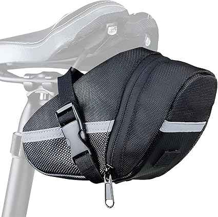 ECOTREK bicycle saddle bag attached to bike seat, lightweight velcro strap for MTB, road bike, and e-bike cycling accessories.
