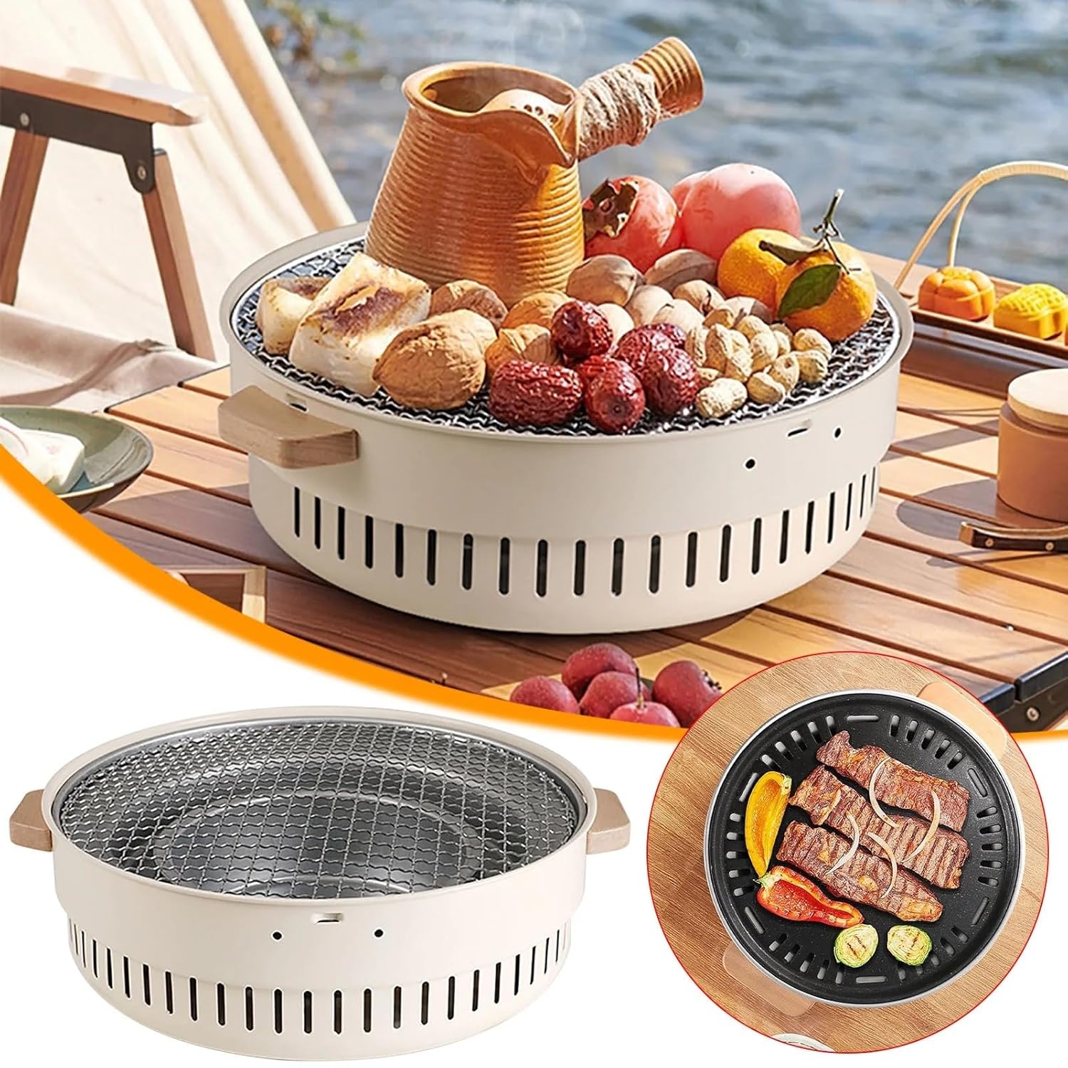 Portable charcoal barbecue grill with black metal stove for outdoor home parties and outdoor cooking, ideal for camping or gatherings.