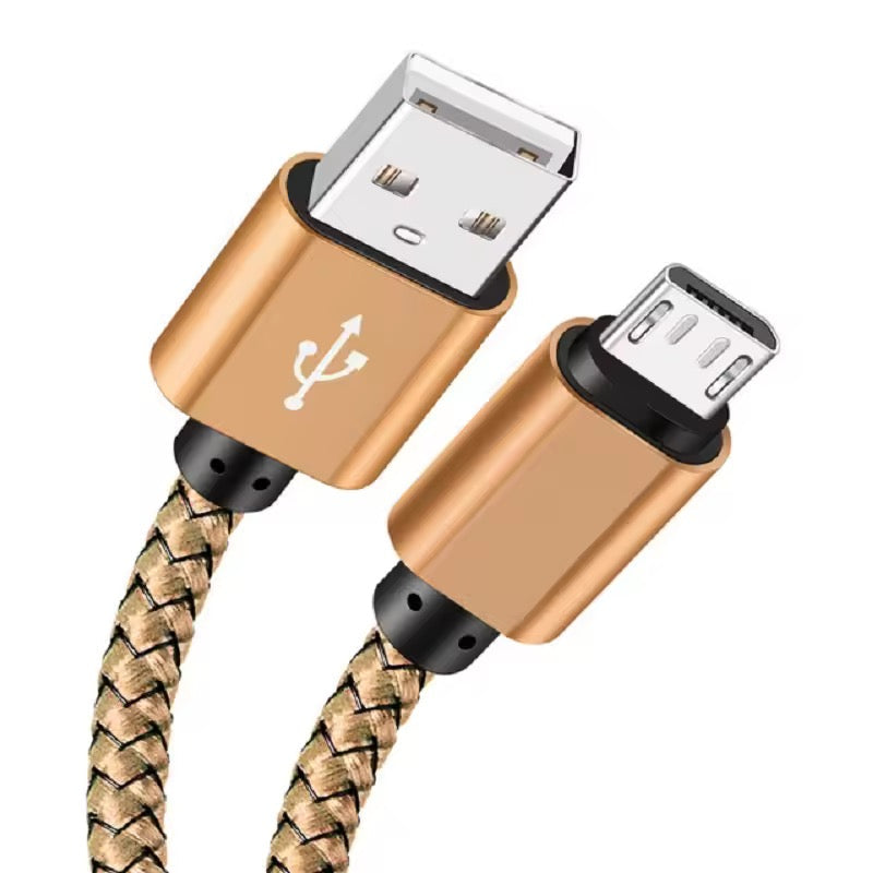 Gold 2m Samsung Micro USB charger cable for phones and tablets, Type B, by 9eight5, showing USB and device ends.