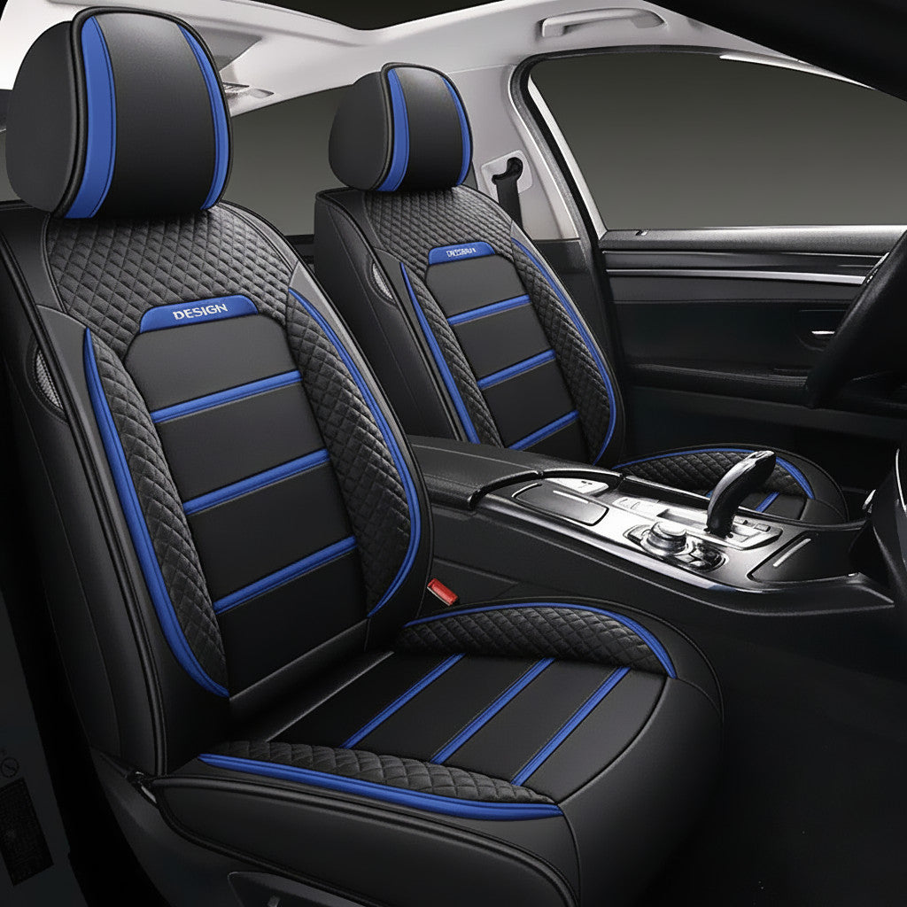 Faux leather 5-seater car seat cover set by dealonline.co.nz, featuring front and rear cushions in premium quality for a sleek look.