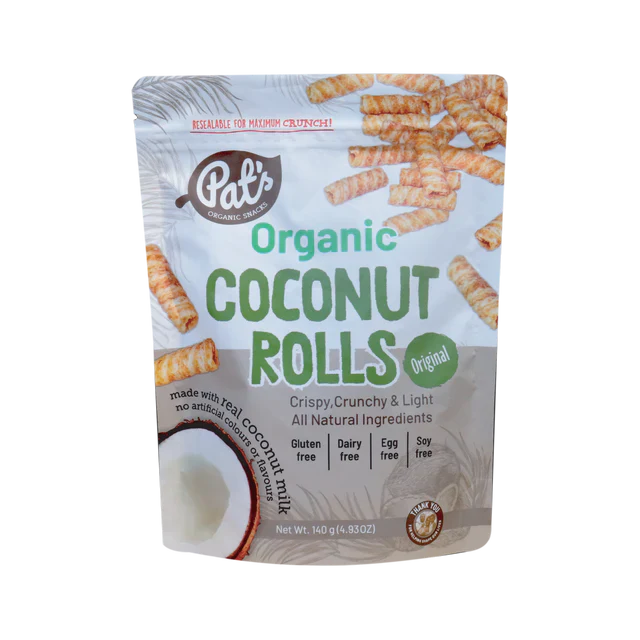 Organic Coconut Rolls by livelifestore.co.nz, showing crispy, golden coconut snack rolls in a 140g package.