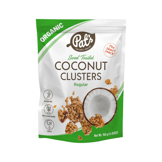 Organic coconut clusters from livelifestore.co.nz, sweet toasted snack in 140g package, with golden toasted coconut pieces.