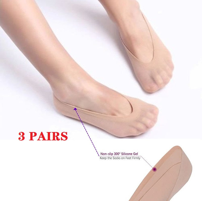 Three pairs of dealonline.co.nz women's invisible low cut socks with anti-slip grip and stretchy comfort for loafer and boat shoe wear.
