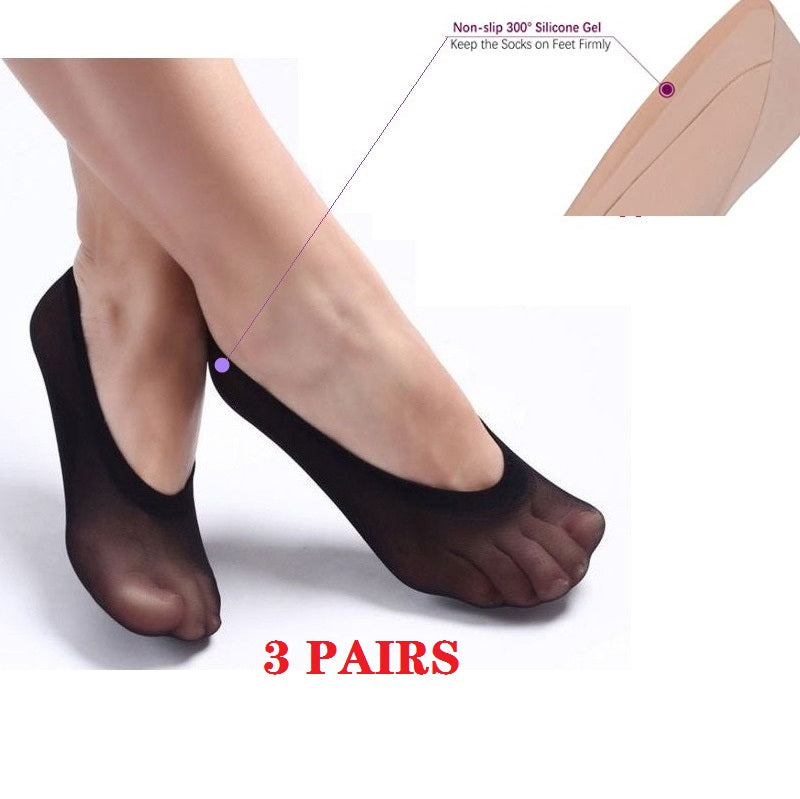 Three pairs of black women's invisible low cut socks from dealonline.nz, featuring anti-slippery soles for comfort and protection.