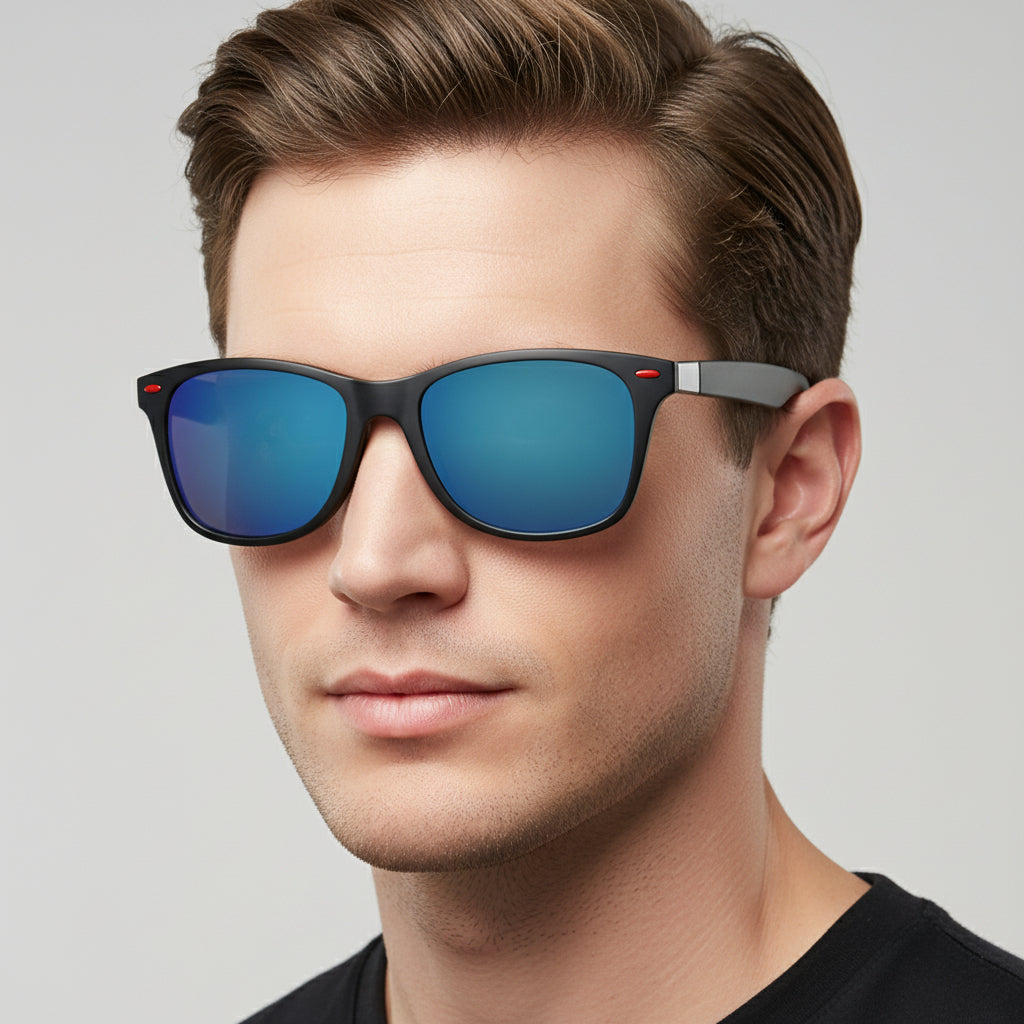 HD polarized sports sunglasses with anti-blue ray coating in four colors, hydrophobic lens for outdoor activities.