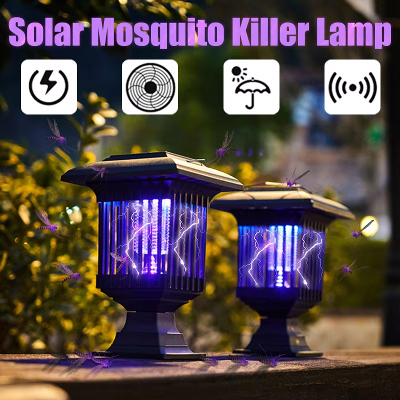 Outdoor waterproof solar mosquito killer lamp with LED light and bug zapper for outdoor pest control.