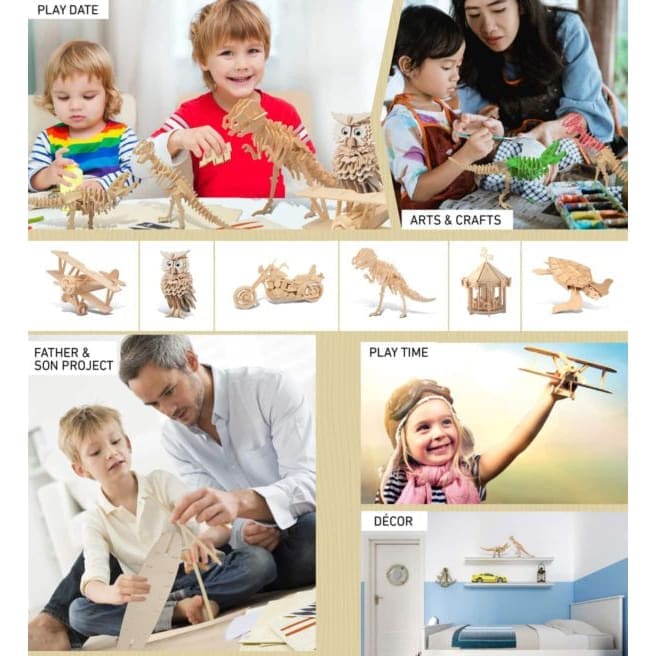 9eight5 3D Tyrannosaurus 2-in-1 puzzle showing assembled dinosaur model with detailed scales and openable parts.